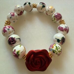 Floral Porcelain Bead Bracelet with Red Rose Accent